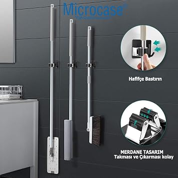 Microcase 2in1 Yapışkanlı Duvara Monte Mop ve Havlu Eşya Tutucu Askılık-AL4800 (Gümüş)