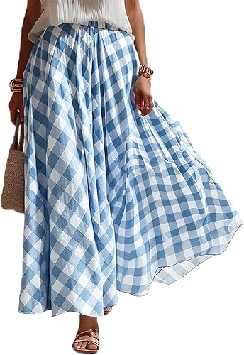 Boho Skirts for Women Trendy Midi Length Loose Fit Plaid Long Flowy Skirt Breath