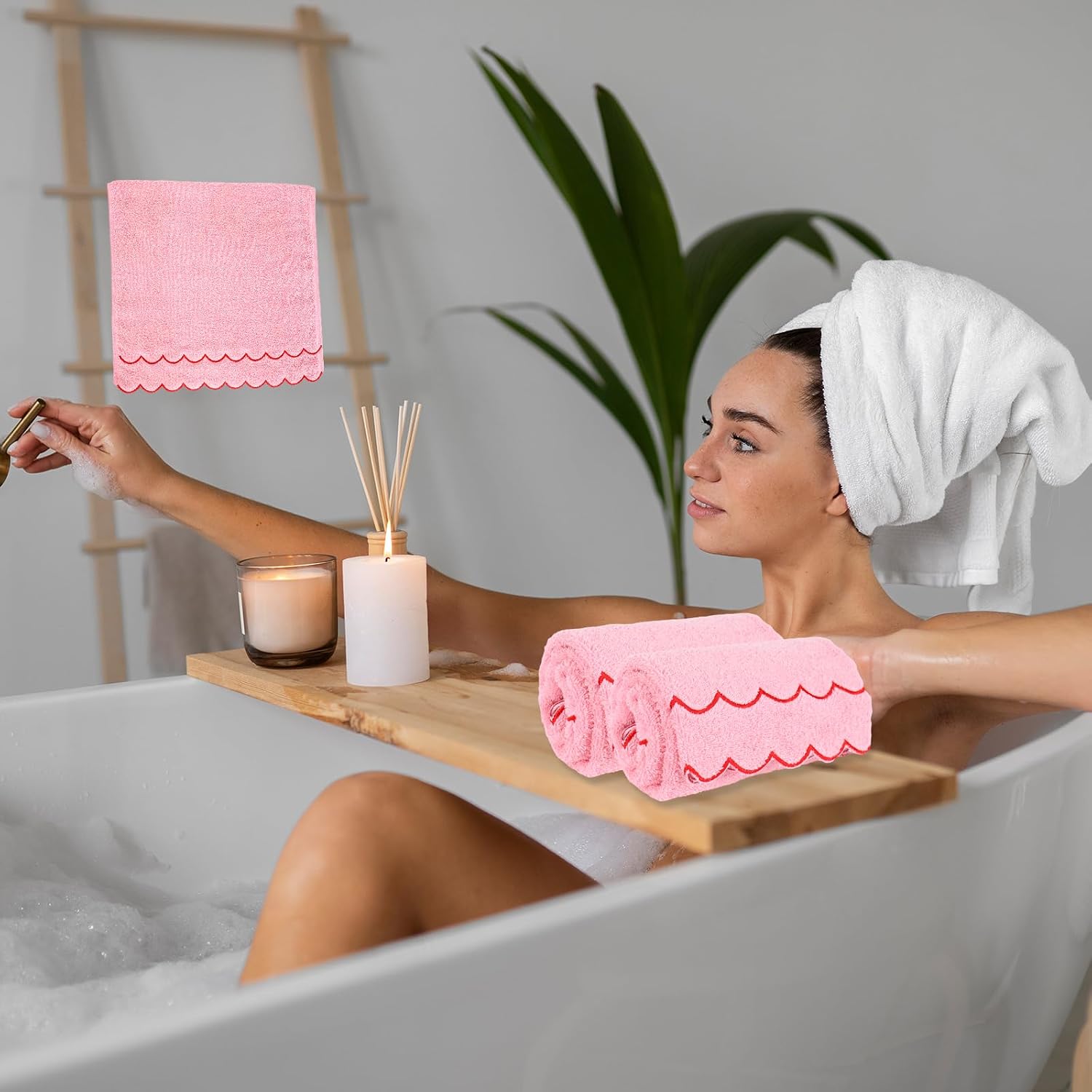 Whaline 2 Pack Pink Red Scalloped Hand Towels Embroidered Cotton Dish Towel Decorative Towel for Wedding Holiday Bathroom Hand Drying Kitchen, 29.5 x 13.7 Inch