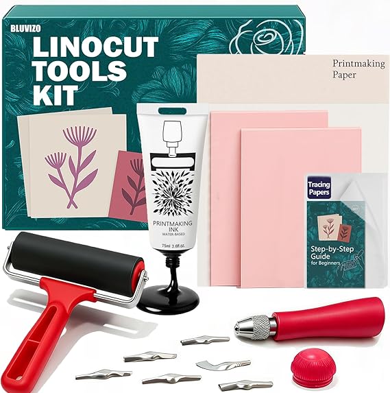 Linocut Tools Block Printing Kit: Stamp Carving Printmaking Kit Supplies with Rubber Blocks, Ink, Brayer, Linoleum Cutters, Tracing Papers, Guide for Beginners Hobby DIY Gift