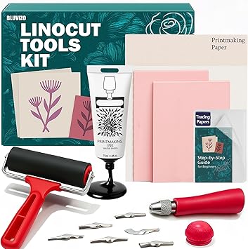 Linocut Tools Block Printing Kit: Stamp Carving Printmaking Kit Supplies with Rubber Blocks, Ink, Brayer, Linoleum Cutters, Tracing Papers, Guide for Beginners Hobby DIY Gift