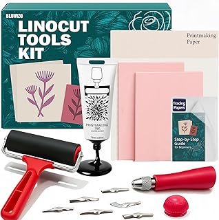 Linocut Tools Block Printing Kit: Stamp Carving Printmaking Kit Supplies with Rubber Blocks, Ink, Brayer, Linoleum Cutters, Tracing Papers, Guide for Beginners Hobby DIY Gift