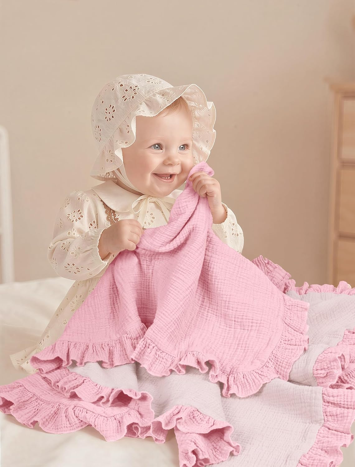 lulumoon Muslin Baby Blanket for Girls: Soft Breathable Cotton Crib Blanket with Ruffle - Lightweight Receiving for Wrap Newborn & Nursery Stroller 40"x36"(Light Pink)