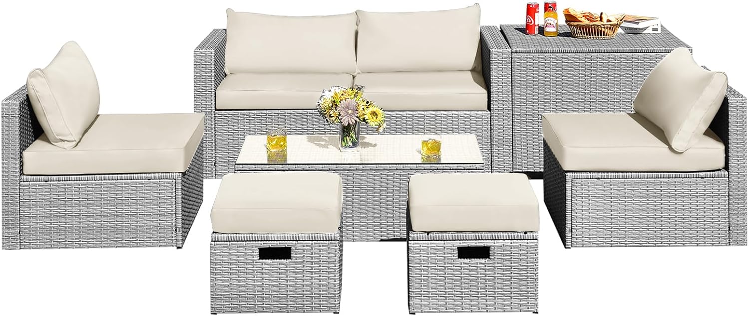 DORTALA 8 Pieces Patio Furniture Set, PE Rattan Sectional Sofa Set with Tempered Glass Table & Waterproof Cushions, Outdoor Wicker Conversation Set for Balcony, Poolside, Off White