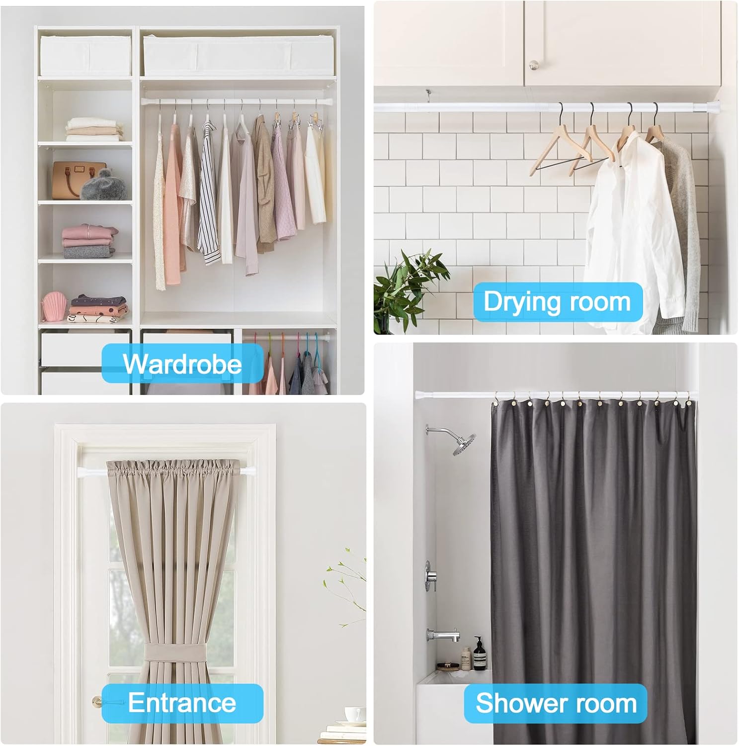 White Tension Curtain Rod for Windows