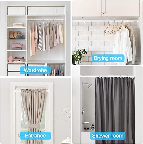 Miniatura 7 de Barra de cortina de tensión blanca y plateada para ventanas de 28 a 48 pulgadas, barra de cortina ajustable con resorte de presión expandible sin