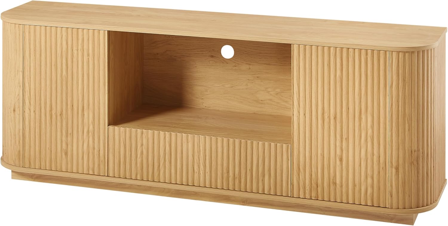 64 Inch Wave Shaped TV Cabinet,Grooved Sideboard,Vertical Striped Cabinet,Can Accommodate TV Up to 75 Inches,with Open Shelves and Drawers,Suitable for Living Room,Bedroom.(Natural-04)