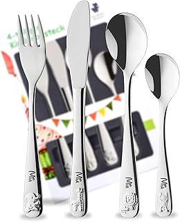 GESCHENKFREUDE Zoo Kinderbesteck mit Gravur - Geschenk individualisiert - spülmaschinengeeignet - Geschenke Weihnachten Mädchen Junge - Besteck mit Gravur - Kinderbesteck mit Namensgravur - 4 teilig