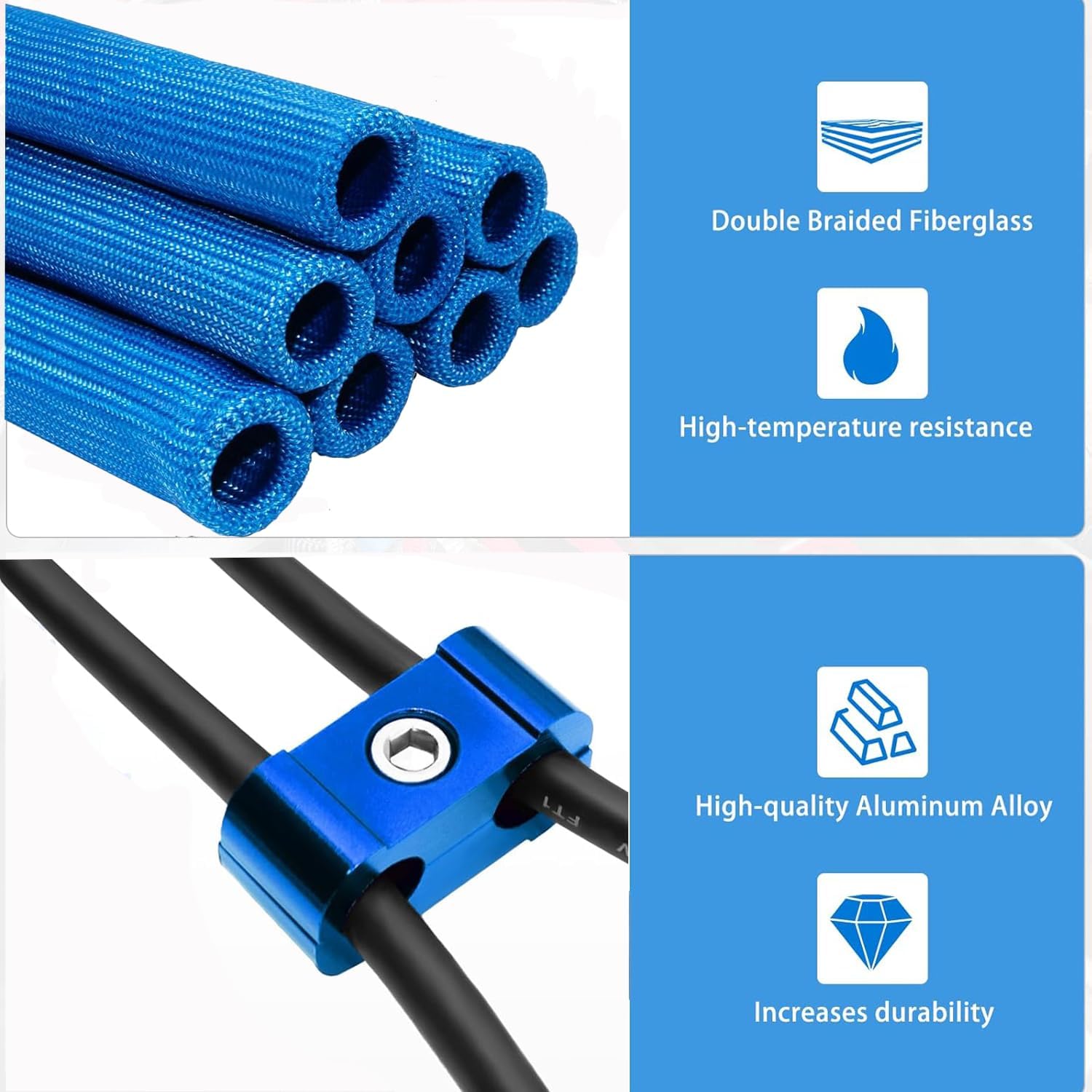12PCS Spark Plug Wire Separator Kit 8PCS Heat Shield Sleeve, Spark Plug Wire Holder for 8mm 9mm 10mm, Aluminum Wire Loom for SBC Chevy 350 V8, Heat Resistant Boot Protector Blue Performance Style