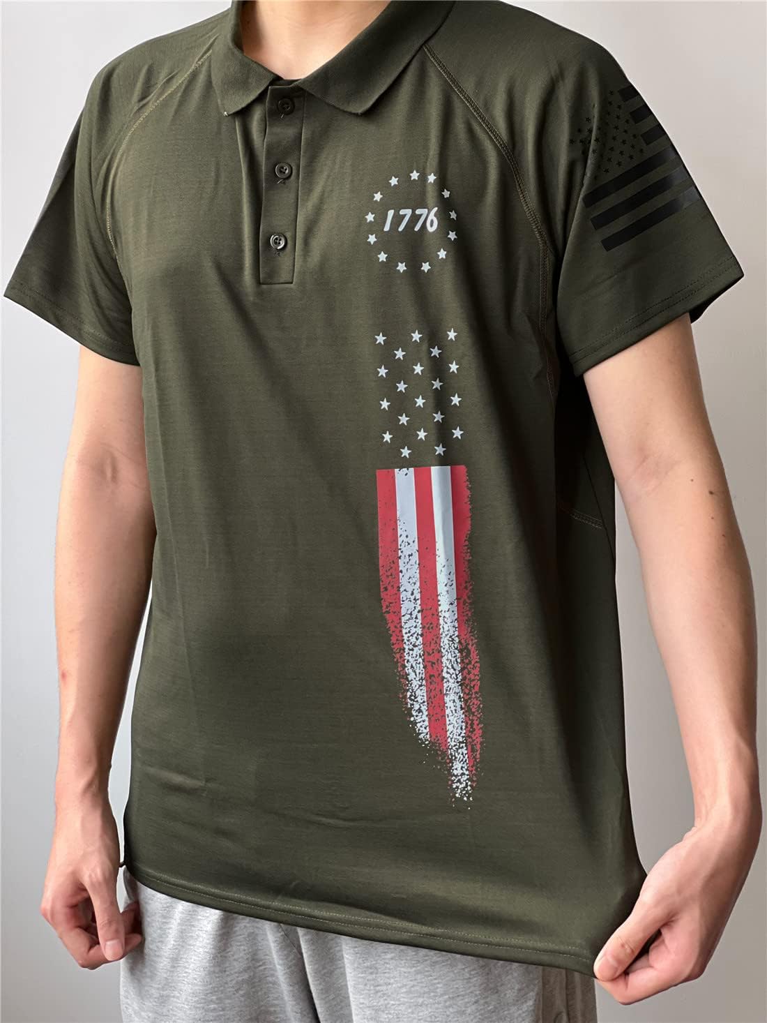HARGLESMAN Men's Patriotic T-Shirt Plus Size Fashion Summer Outdoor Activities Tactical Sports Polo Collar Cssual Tee Quick Dry Button Down American Flag Stars Printed Tops Green 4XL - Image 4