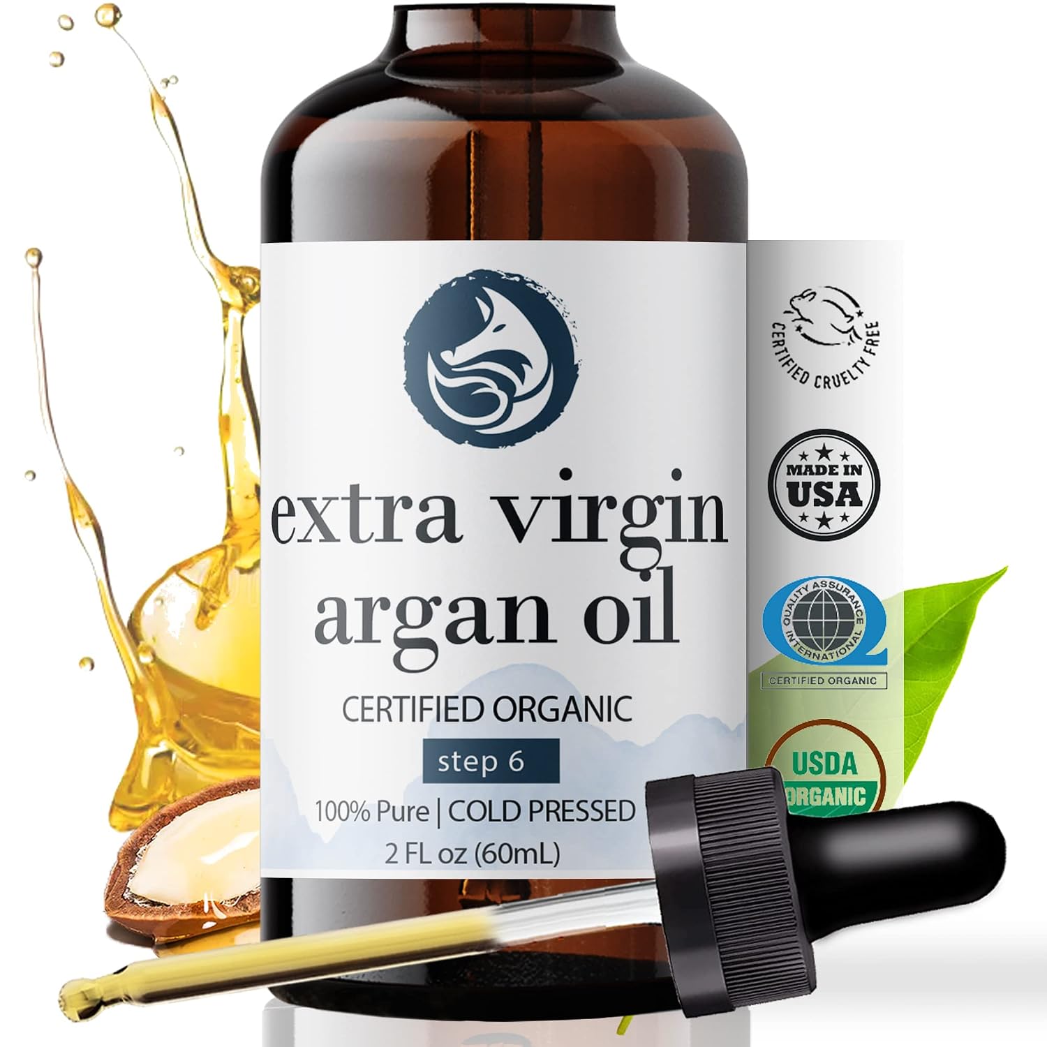 Foxbrim Naturals Extra Virgin Argan Oil for Hair Skin Face & Nails - USDA Certified Single Ingredient 100% Pure Organic Moroccan Oil, Facial Oil & Skin Moisturizer, Cold & First Pressed Only - (2 oz)
