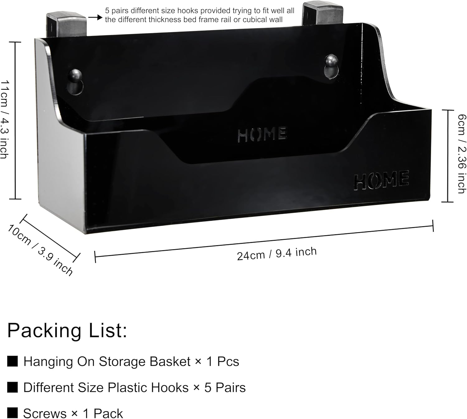 Bedside Caddy Hanging Storage Basket Little Plastic Beside Shelf Hang-on Storage Organizer for Collage Dorm Bunk Bed,Changing Table - Bedroom Essentials for Phone,Mini Speaker,Tissues (Black) - Image 2