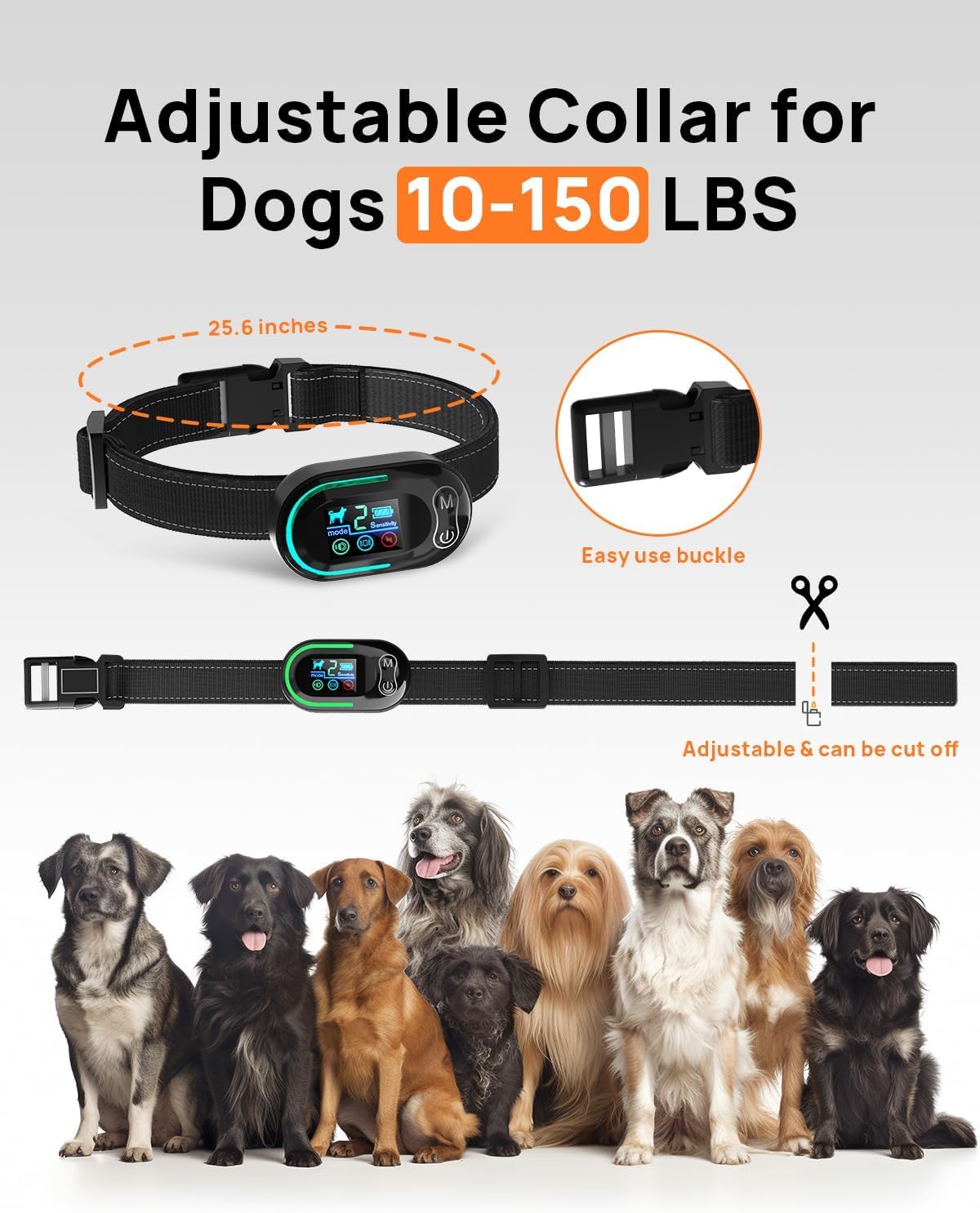 Smart Bark Collar - Rechargeable Anti Bark Training Collar with Adjustable Sensitivity Beep Vibration Shock for Large Medium Small Dogs (Black)