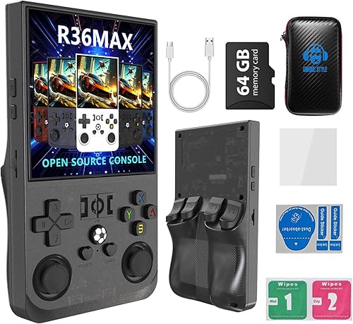 R36MAX - Consola de juegos retro portátil recargable de 4000 mAh, cómoda consola de juegos retro antideslizante de mano con auto 64G TF, pantalla de