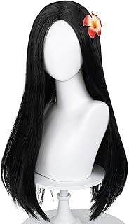 Long Straight Black Kids Wig with Flower Hair Clip, Wigs for Girls Toddler Cosplay 23.6'' Synthetic Hair + Wig Cap for Halloween Party Daily Costumes