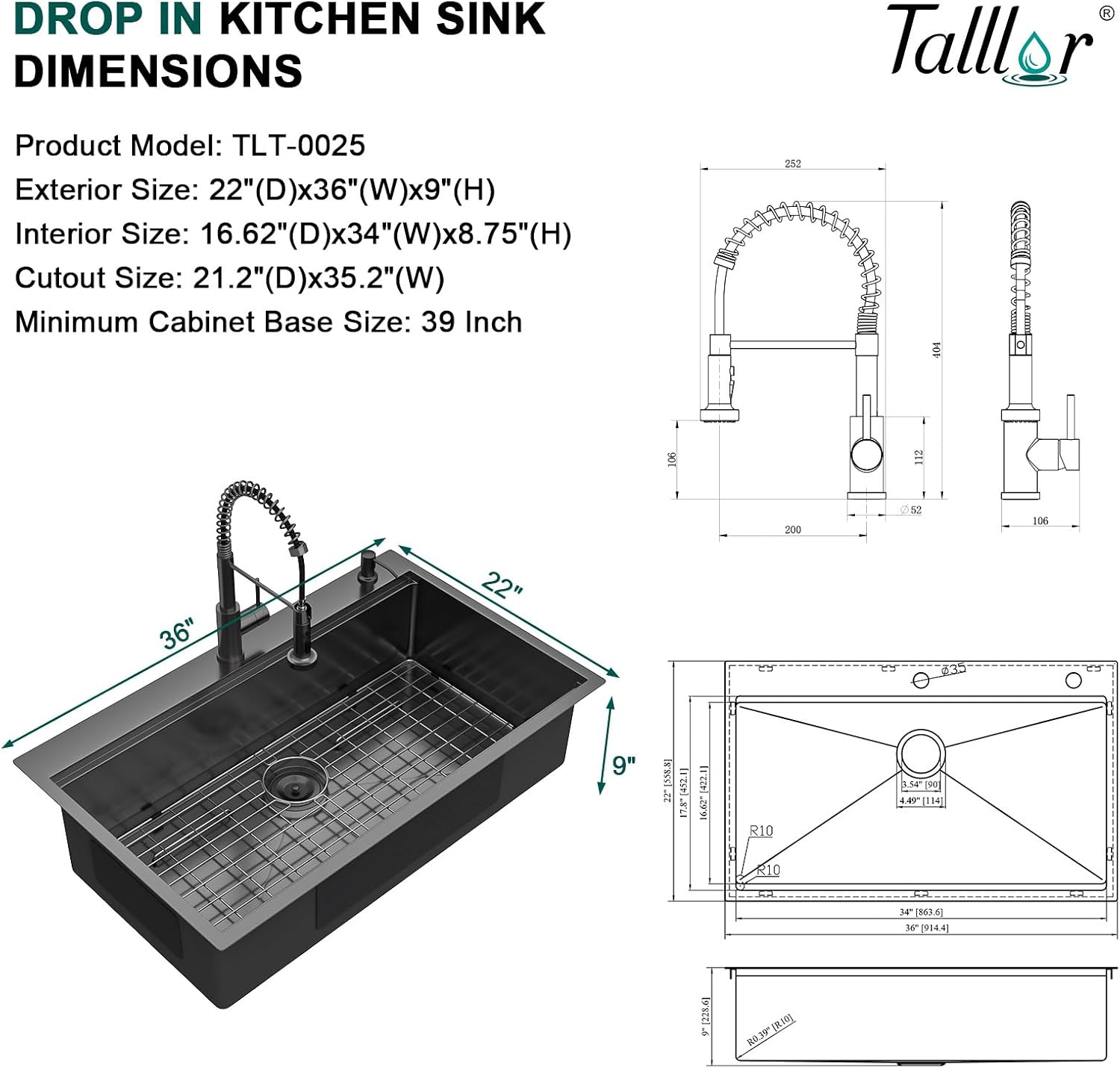 36 Inch Drop In Kitchen Sink with Faucet Combo - 36x22 Workstation All-In One Drop In Gunmetal Black NANO-PVD 16 Gauge Stainless Steel Kitchen Sink Topmount Single Bowl Large Sinks #TLT-0025