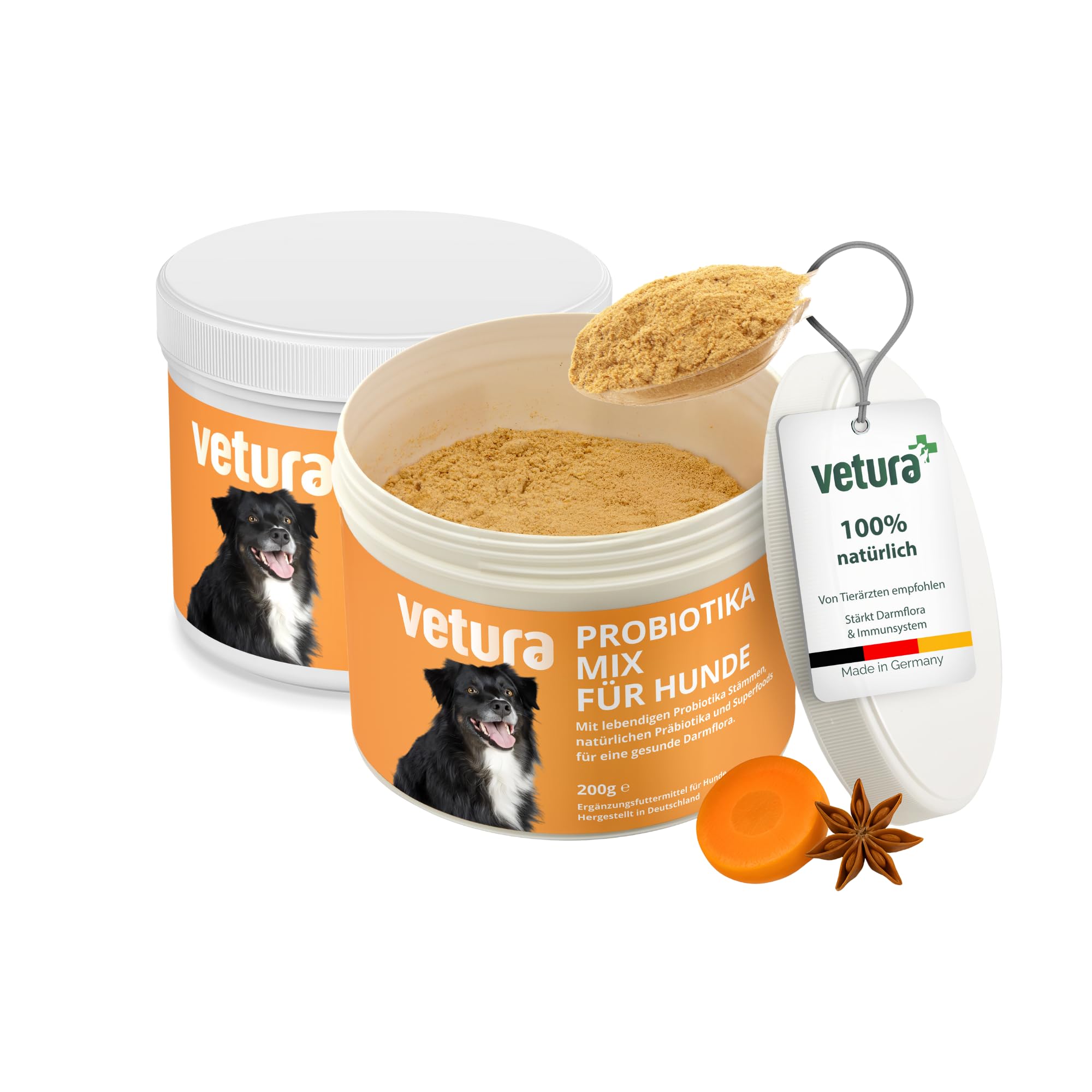 Vetura Probiotika-Mix für Hunde - 2 x 200 g Sparpaket - Probiotika-Pulver - Präbiotika & Probiotika - Zur Unterstützung Einer gesunden Darmflora - Ohne künstliche Zusatzstoffe - Made in Germany