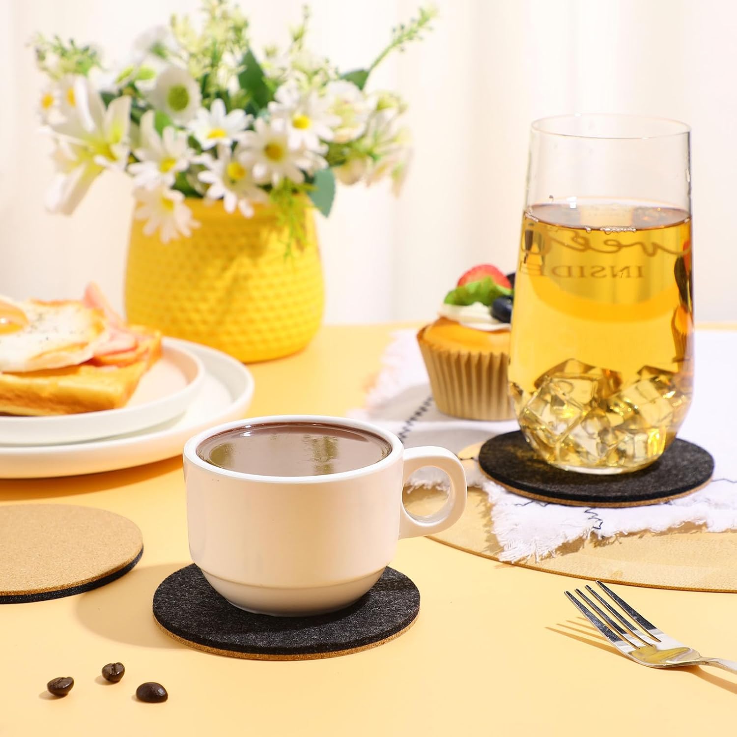 Domensi 12 Pcs Felt and Cork Coaster for Drink Absorbent 4 Inches Cork Coasters with Felt Side Blank Tea or Coffee Coasters Gifts for Cold Drinks Wine Glass Cup Mug Bar Office (Black,Round)