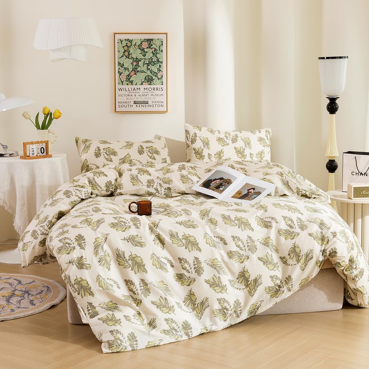 ECOCOTT Duvet Cover Queen Size Leaf Pattern Duvet Cover Set, Ultra Soft & Breathable Comforter Cover with Zipper Closure 4 Ties Bedding Set