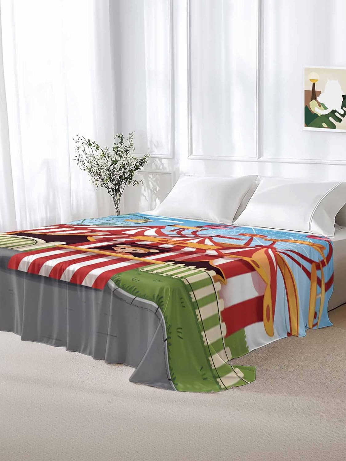 Full Size Flat Sheet Only, Carnival Amusement Park Bed Top Sheet Soft Microfiber Breathable Bedding Flat Sheets, Cartoon Wheelwheels Cute Kid Top Sheets Hotel Luxury