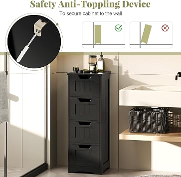 Tangkula Bathroom Floor Cabinet with 4 Drawers, 12 x 12 x 33 Inch, Freestanding Storage Cabinet for Bathroom Living Room, Wooden Cabinet Organizer Unit for Home Office (Black)
