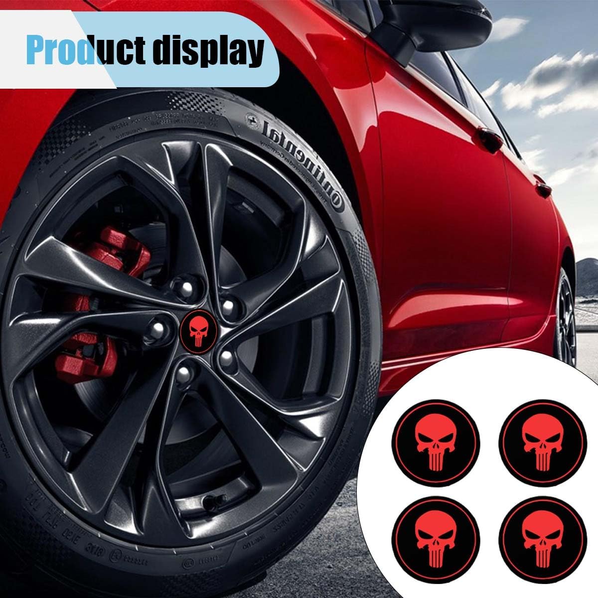 4PCS Skull Car Wheel Hub Center Cap Sticker, 2.2" Personalized Metal Wheel Emblem Sticker, Waterproof Automotive Hub Decorative Decal Cover, Car Exterior Accessories for Car Truck SUV (Black/Red)