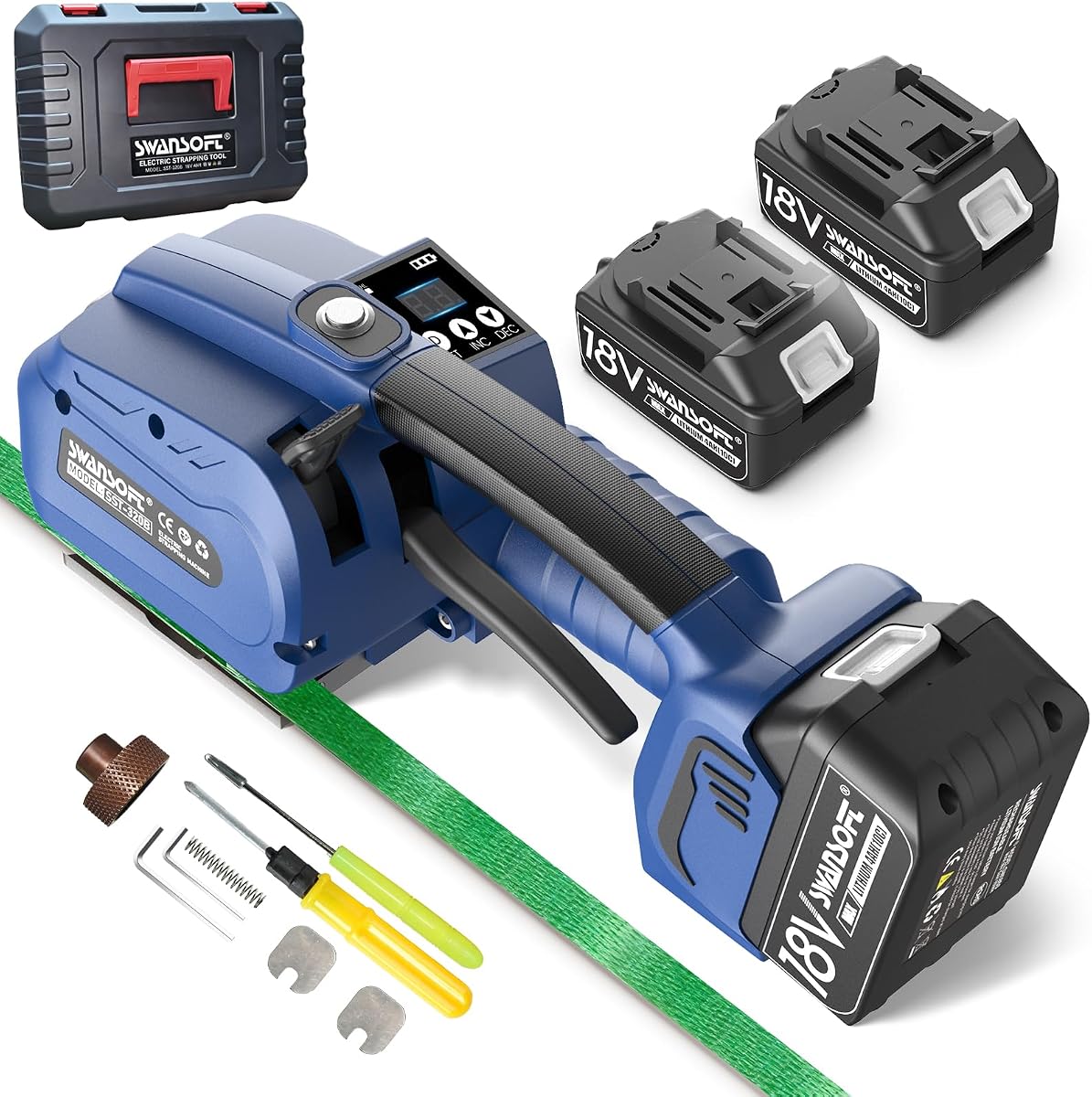 SWANSOFT Electric Strapping Machine, 3200N Electric Strapping Tool | Banding machine for 0.51" - 0.63" PP/PET Straps 18V 2x4Ah Battery Powered Automatic Banding Tool, with Plastic Case