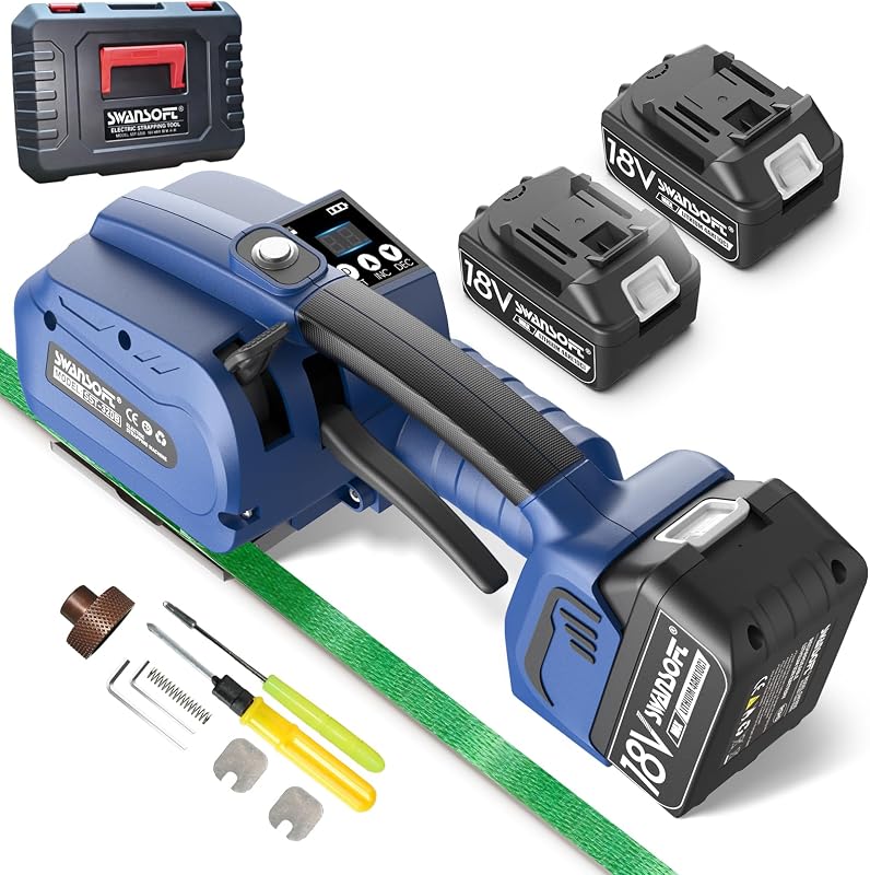 SWANSOFT Electric Strapping Machine, 3200N Electric Strapping Tool | Banding machine for 0.51" - 0.63" PP/PET Straps 18V 2x4Ah Battery Powered Automatic Banding Tool, with Plastic Case