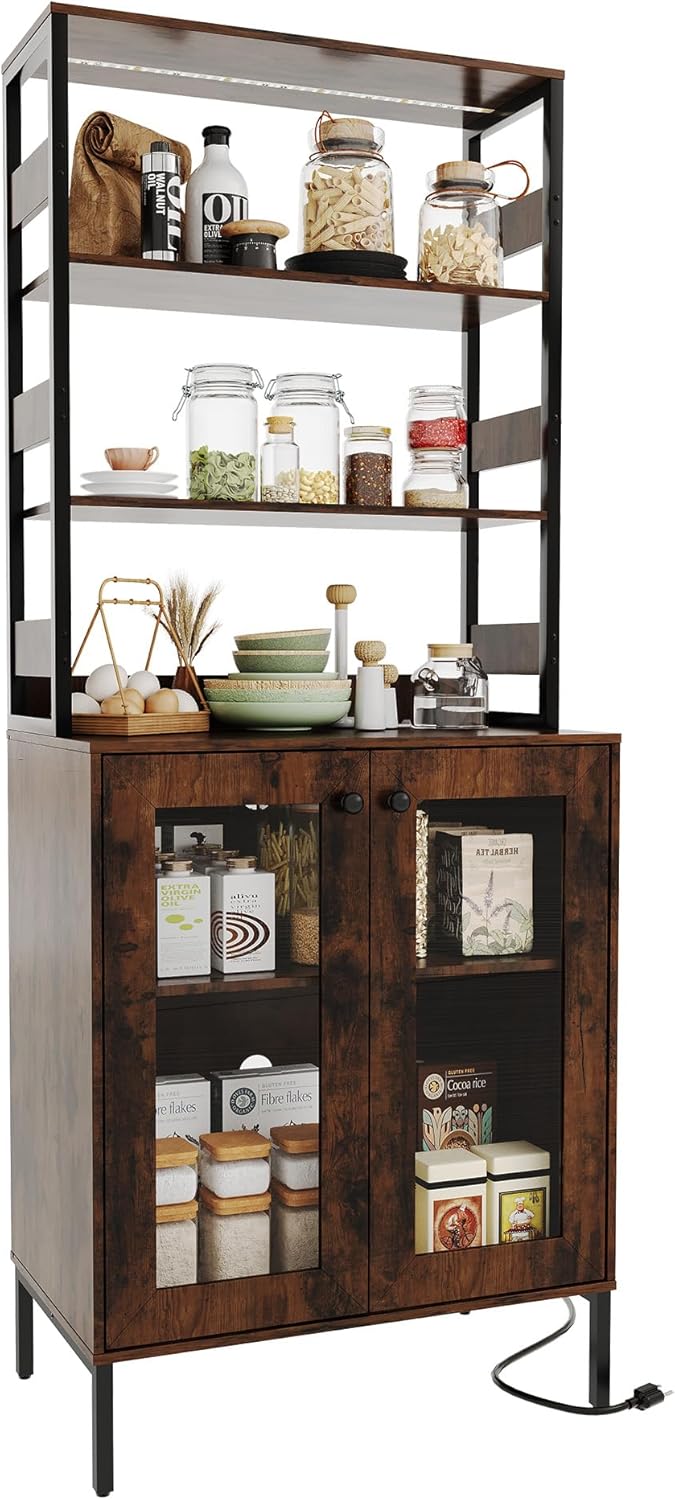 Multi-Functional Kitchen Pantry Cabinet with Power Outlets & LED Lights – Tall Bakers Rack with Storage Shelves, Coffee Bar Hutch, Countertop, with Glass Doors for Kitchen, Dining Room, Hallway Brown