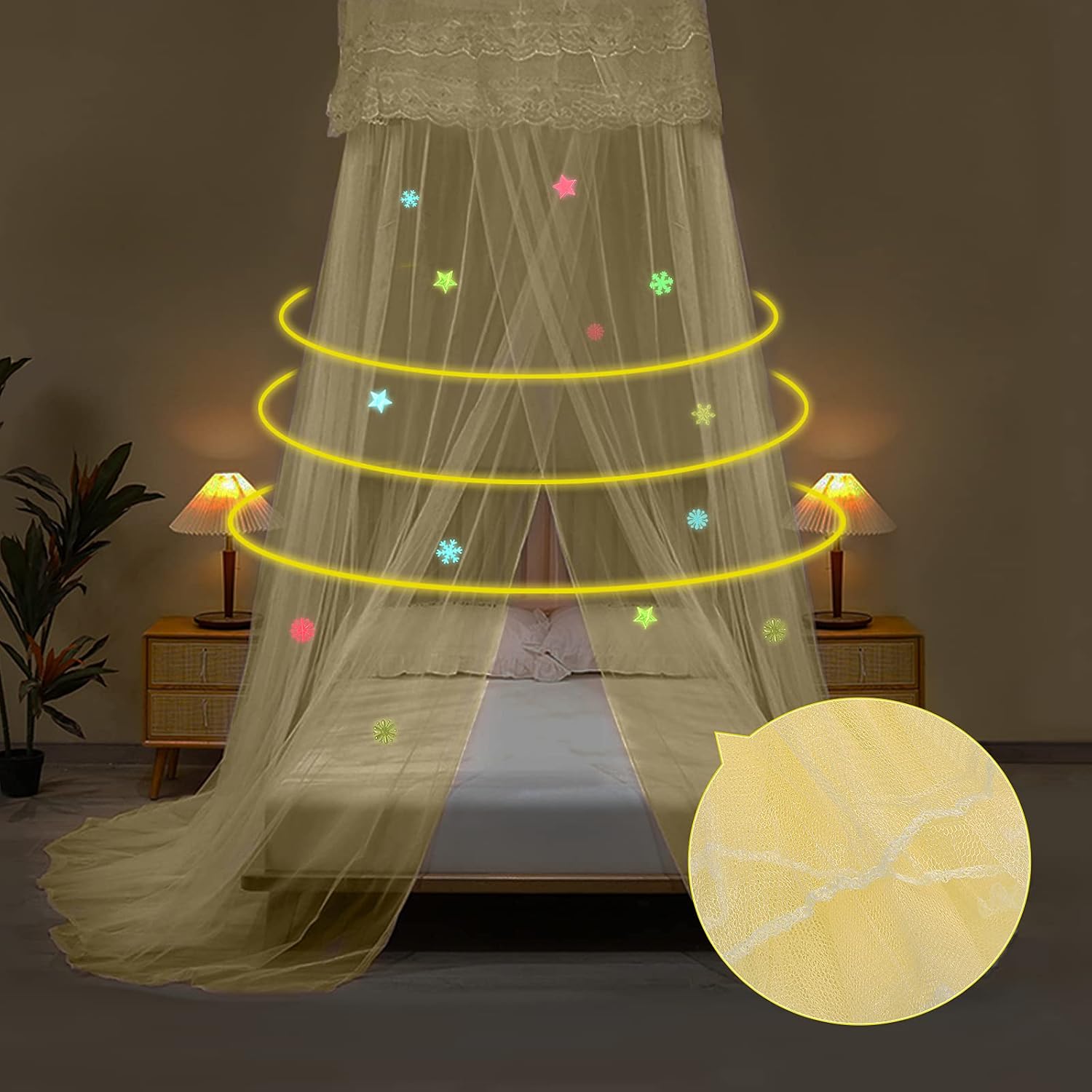 Bed Canopy, with Stars Snowflake Stickers Bed Curtain for Single to King Size Canopy Bed Curtain for Girls Baby Kids Adult Quick Easy Installation for Camping, Patio, Bedroom Decoration (Yellow)