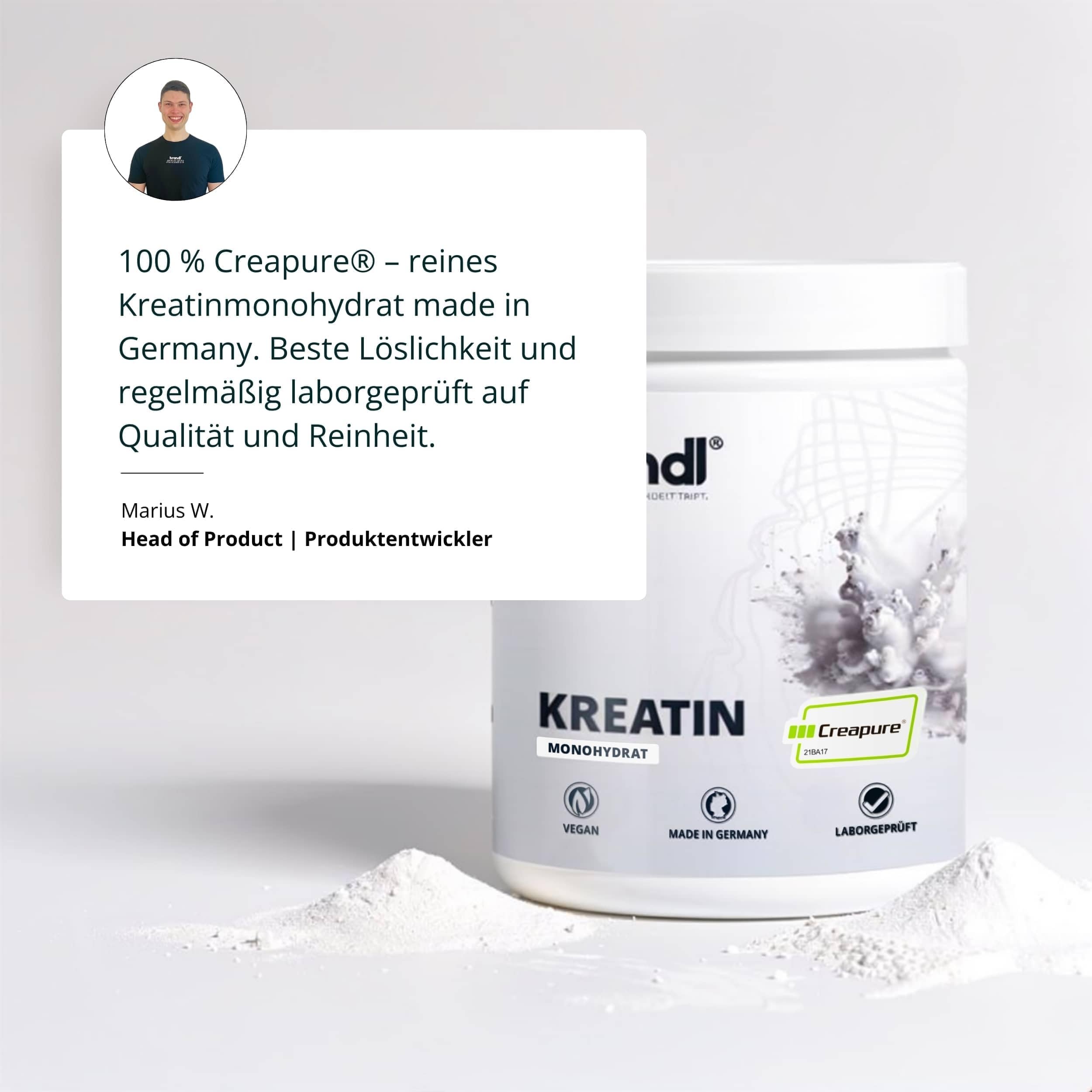 Kreatin Pulver Monohydrat CREAPURE 500g – 100% made in Germany – vegan, perfekte Löslichkeit & unabhängig laborgeprüft – Creatin/Kreatinpulver für Männer & Frauen ohne Zusatzstoffe von brandl