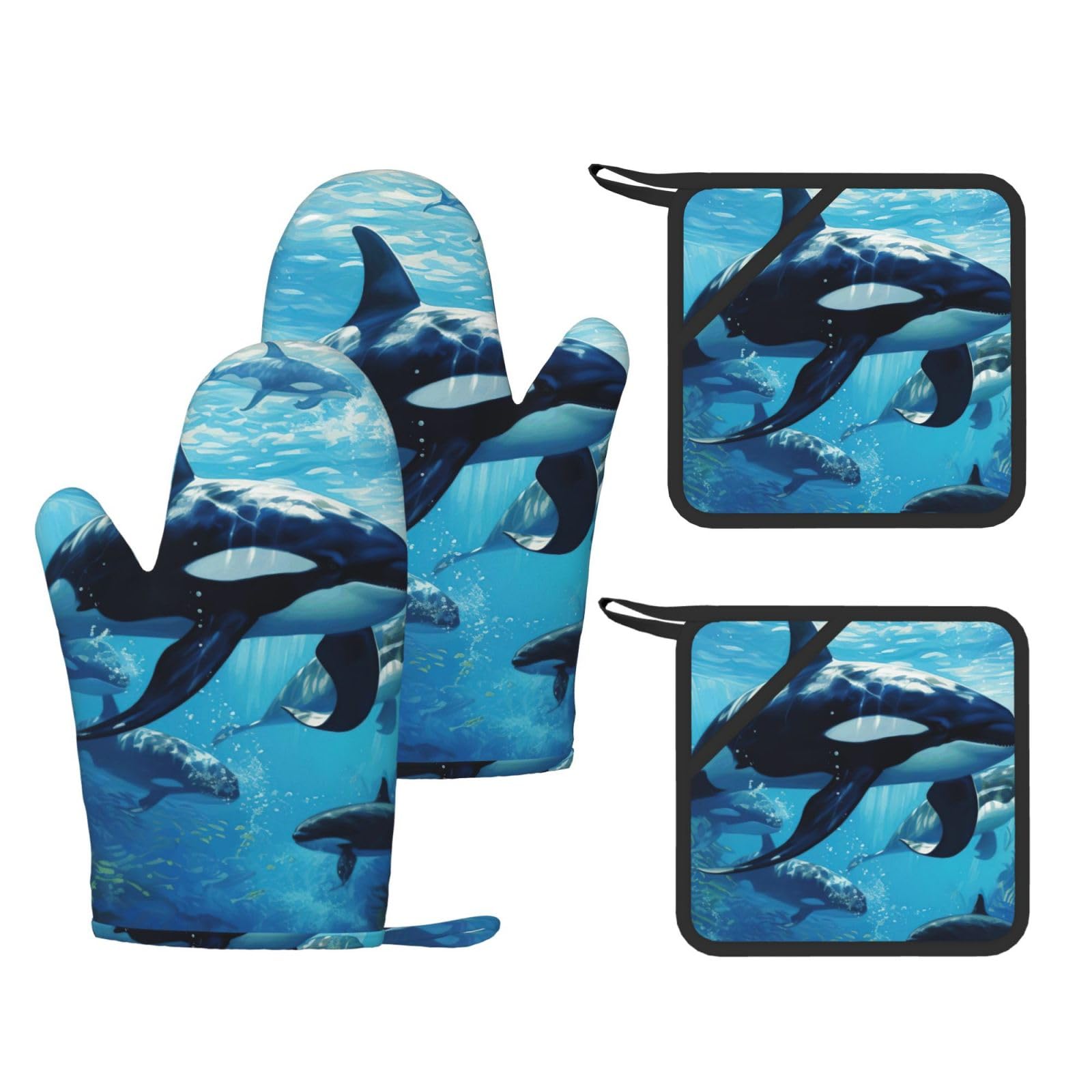 Nimongt Black Killer Whales Swim Along Print Heat Resistant Gloves Pads Reusable Kitchen Set Oven Baking Grilling Cooking