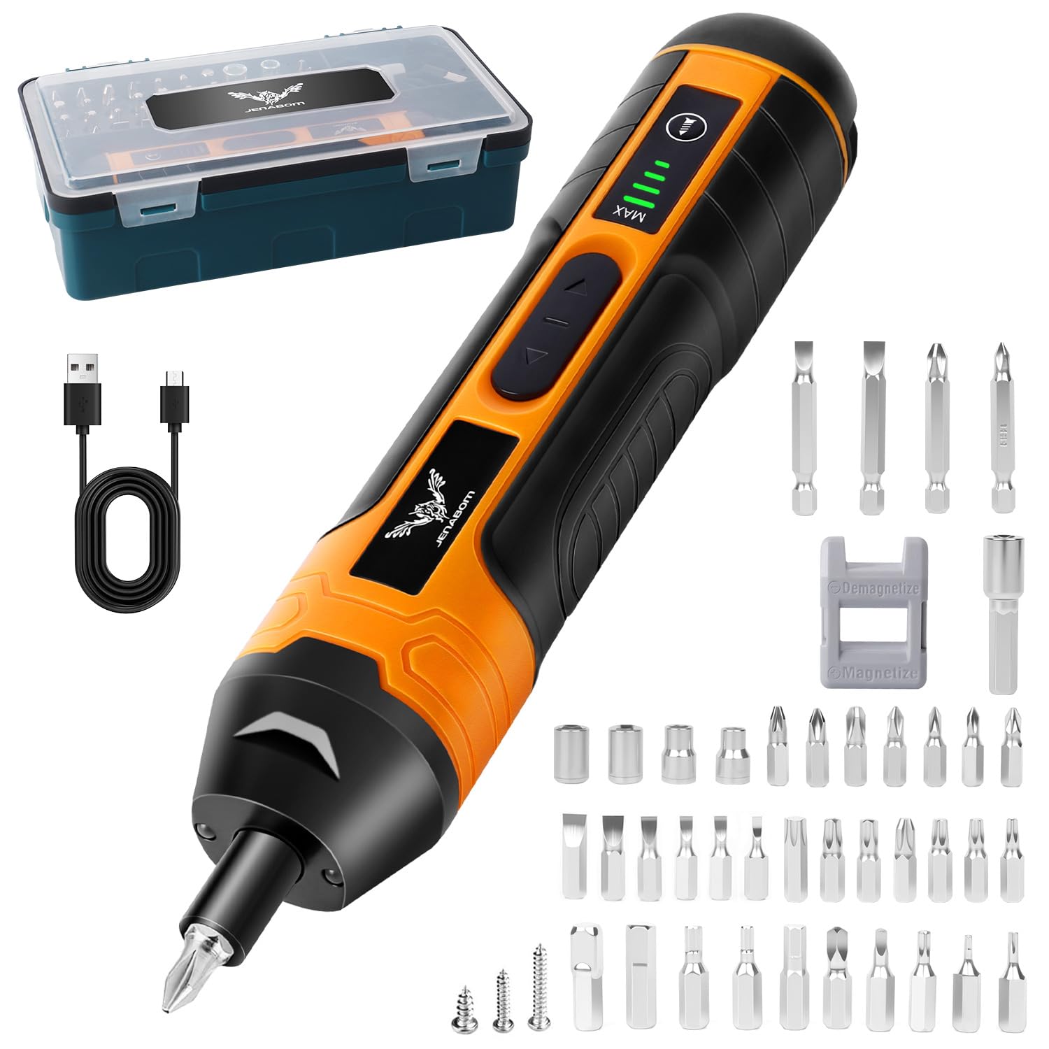 JENABOM Electric Cordless Screwdriver, 3.6V Rechargeable Screwdriver, 5N.m Max Torque, 4-Gear Torque, LED Light, 39 Pcs