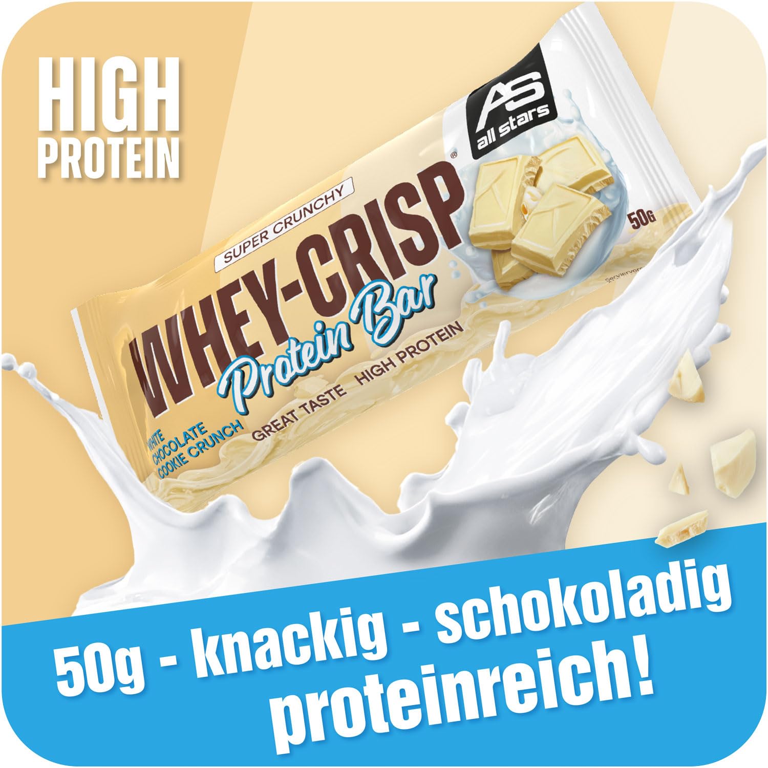 ALL STARS Whey-Crisp Protein Bars - White Chocolate Cookie Crunch - Protein Riegel überzogen mit Schokolade und verfeinert mit Whey-Crispies – mit 15g Eiweiß pro Riegel - 25x50g
