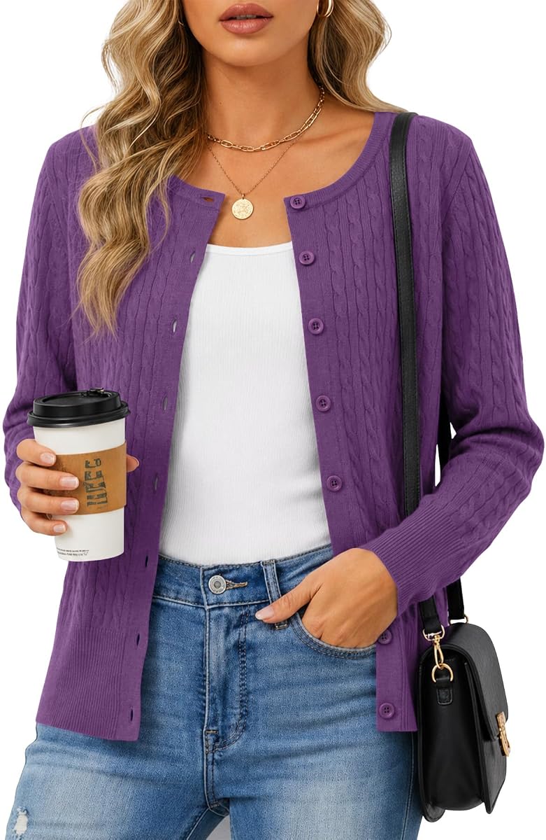 NILOUFO Cable Knit Cardigan for Women Button Down Lightweight Long Sleeve