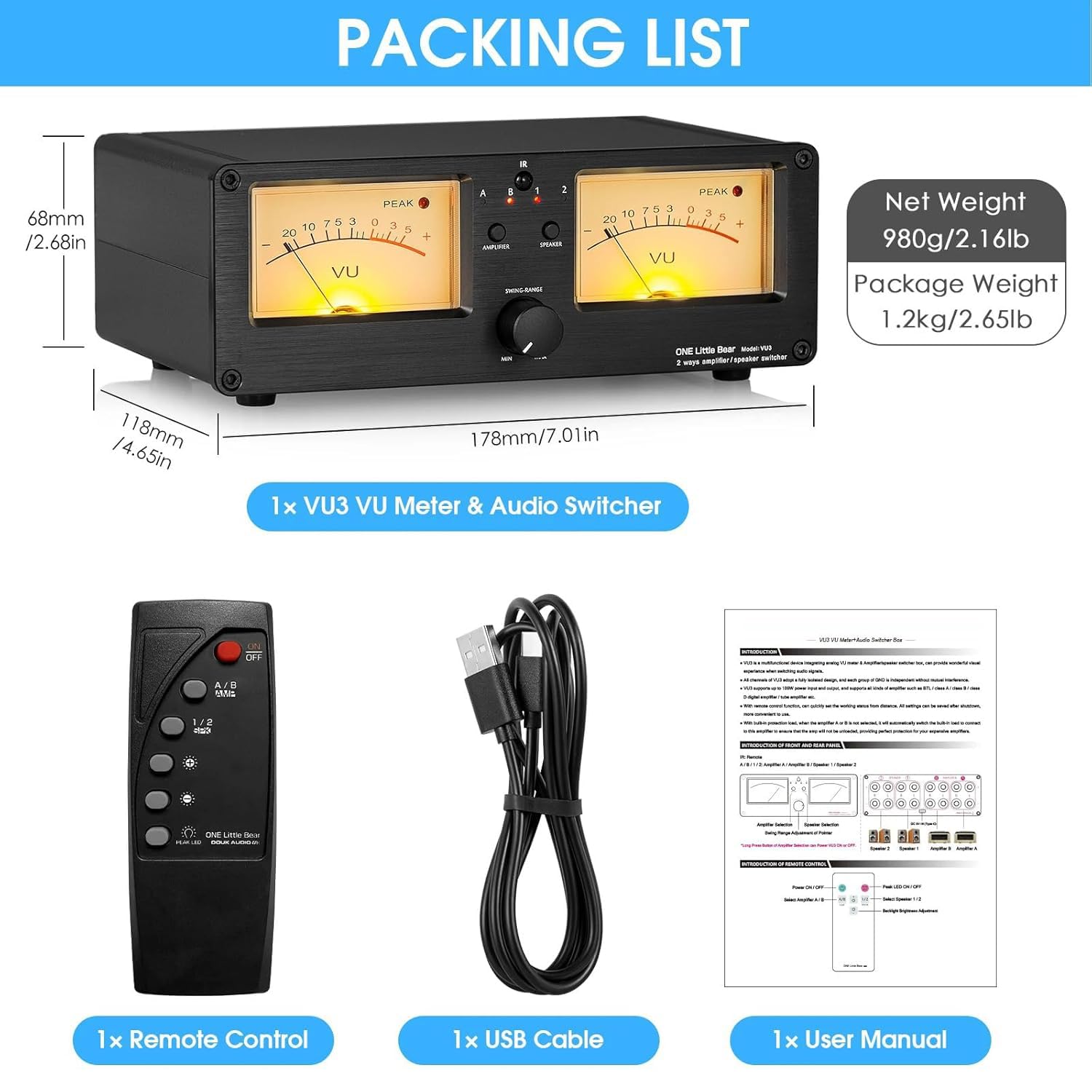Commutatore Amplificatore/altoparlante VU3, Doppio VU Meter Analogico, 2 Set Di Uscite Di Commutazione Audio, 4 Livelli Di Retroilluminazione Regolabili, Distributore Audio, Decorazione Dinamica