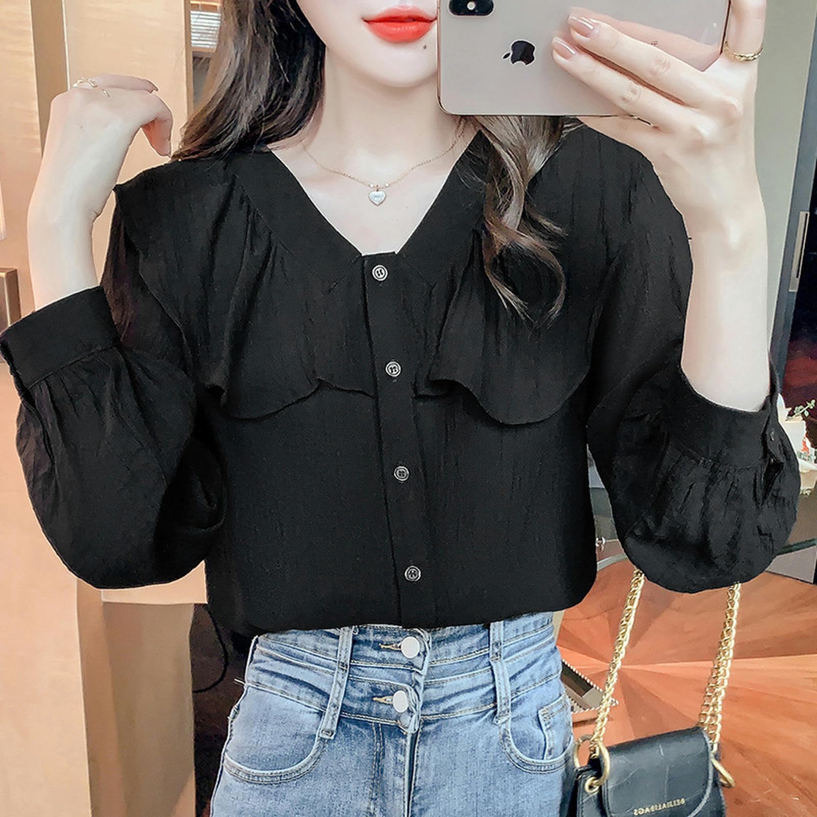 Camisa con Volantes Camisa de Moda con Cuello en V de Manga Larga para Mujer Top Elegante de Primavera Que Reduce la Edad-Negro-S