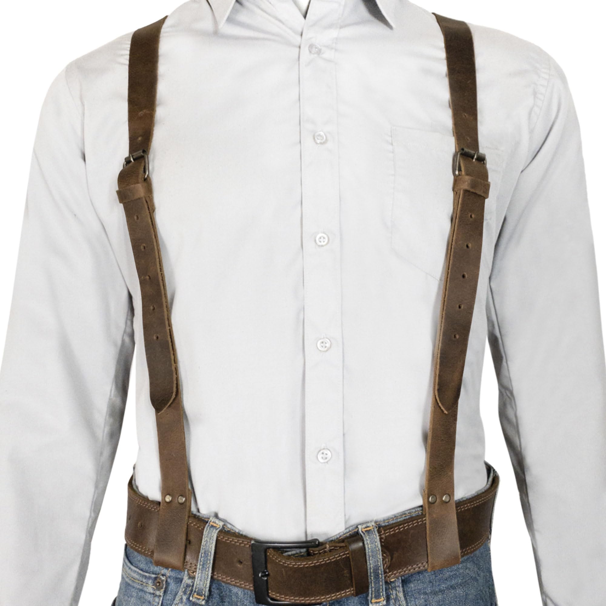 Hide & Groom, X Back Suspender with Belt Loops for Groomsmen, Formal Wear for Weddings, Harness for Dinner Parties, Adjustable Straps, Full Grain Leather, Handmade, Bourbon Brown