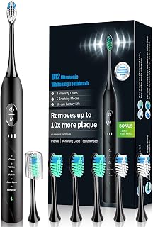 Sonic Electric Toothbrush for Adults, Rechargeable Electric Toothbrush with 6 Replacement Brush Heads, 5 Modes and 3 Intensity Levels with 2 Minutes Smart Timer Reminder Travel, Gift (Antique Black)