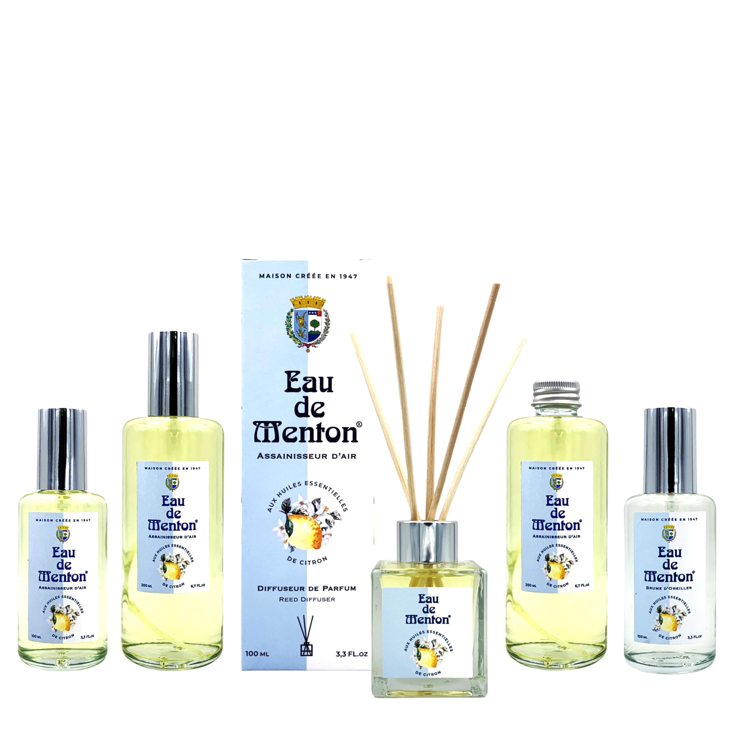 Pack Parfum d'ambiance, brume d'oreiller, diffuseur avec bâtonnets et assainisseur d'air au citron - Eau de Menton - Artisan Parfumeur en Côte d'Azur