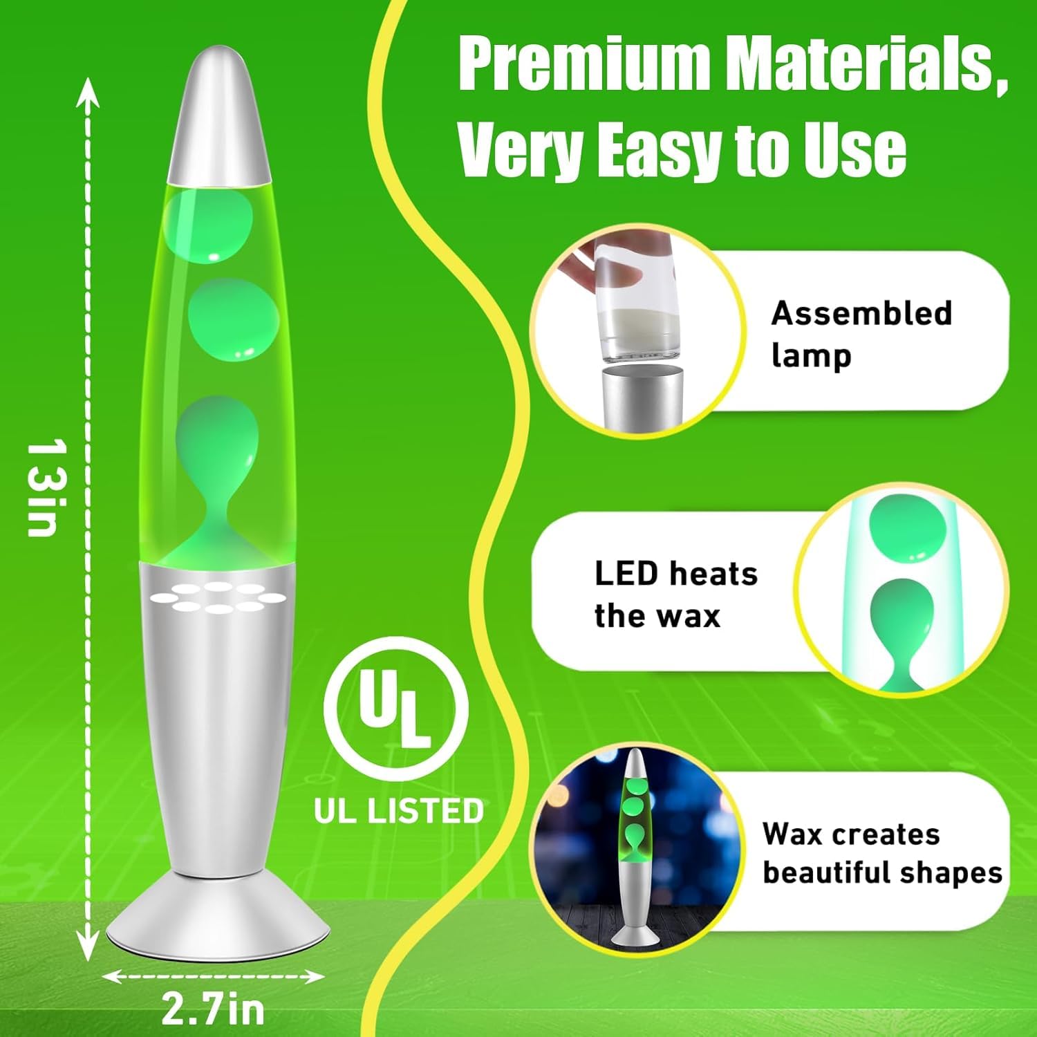 CELLUSTOP Lampa lawowa z ruchem płynnym z woskiem – lampka nocna lawa – lampa magma z ruchem płynu – żarówka w zestawie – przełącznik – 20 W – 34 cm – szkło i aluminium – wielokolorowa LED