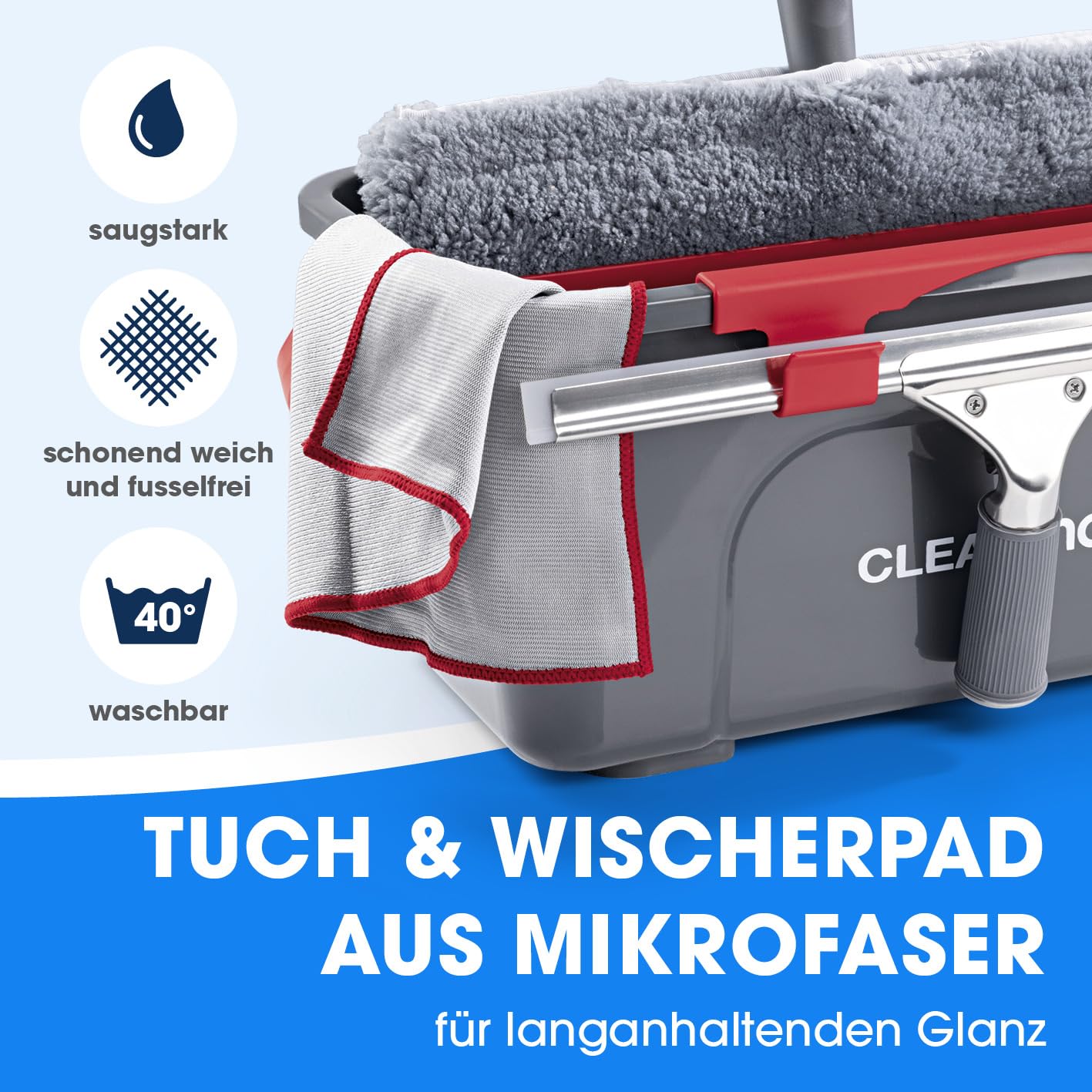 CLEANmaxx Fensterreiniger Set | 7-TLG. Fensterputzer Set für Oberflächen in Haus & Auto - inklusive Fensterabzieher, Fensterwischer, Reiniger, Wischtuch, Eimer und Halterungen für Wischer & Abzieher