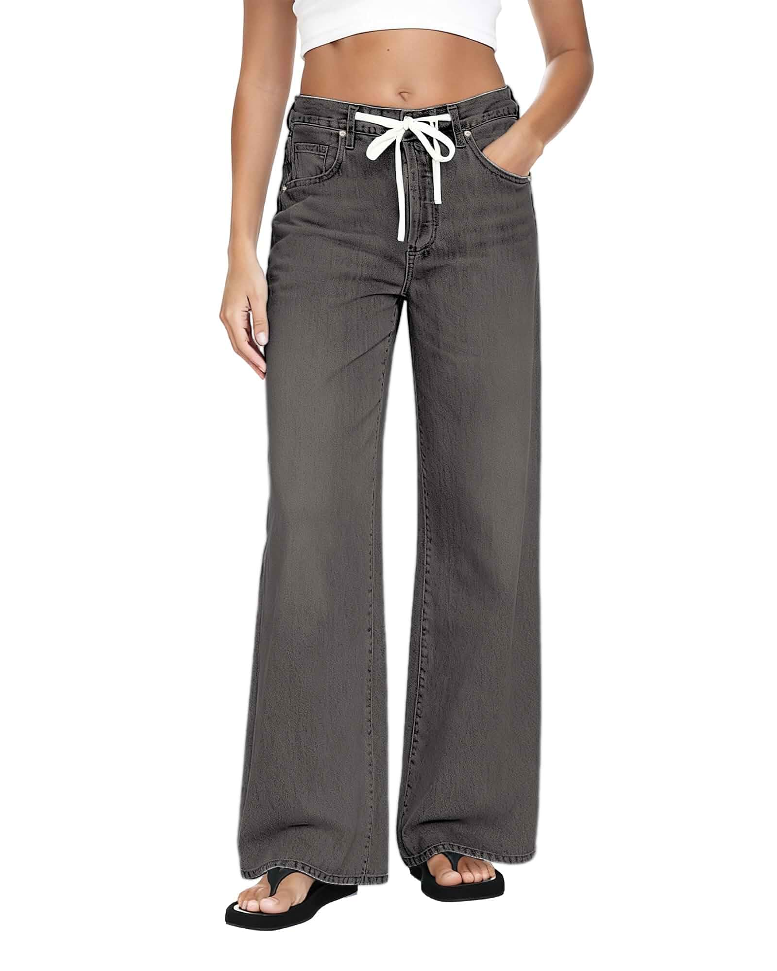 MARIASHA Wide Leg Jeans for Women Trendy Baggy Jeans Women Drawstring Pants High Waist, Stretchy Denim Pants, 5-Pocket Drawstring Jeans Women, Loose Fit for Casual Daily Wear
