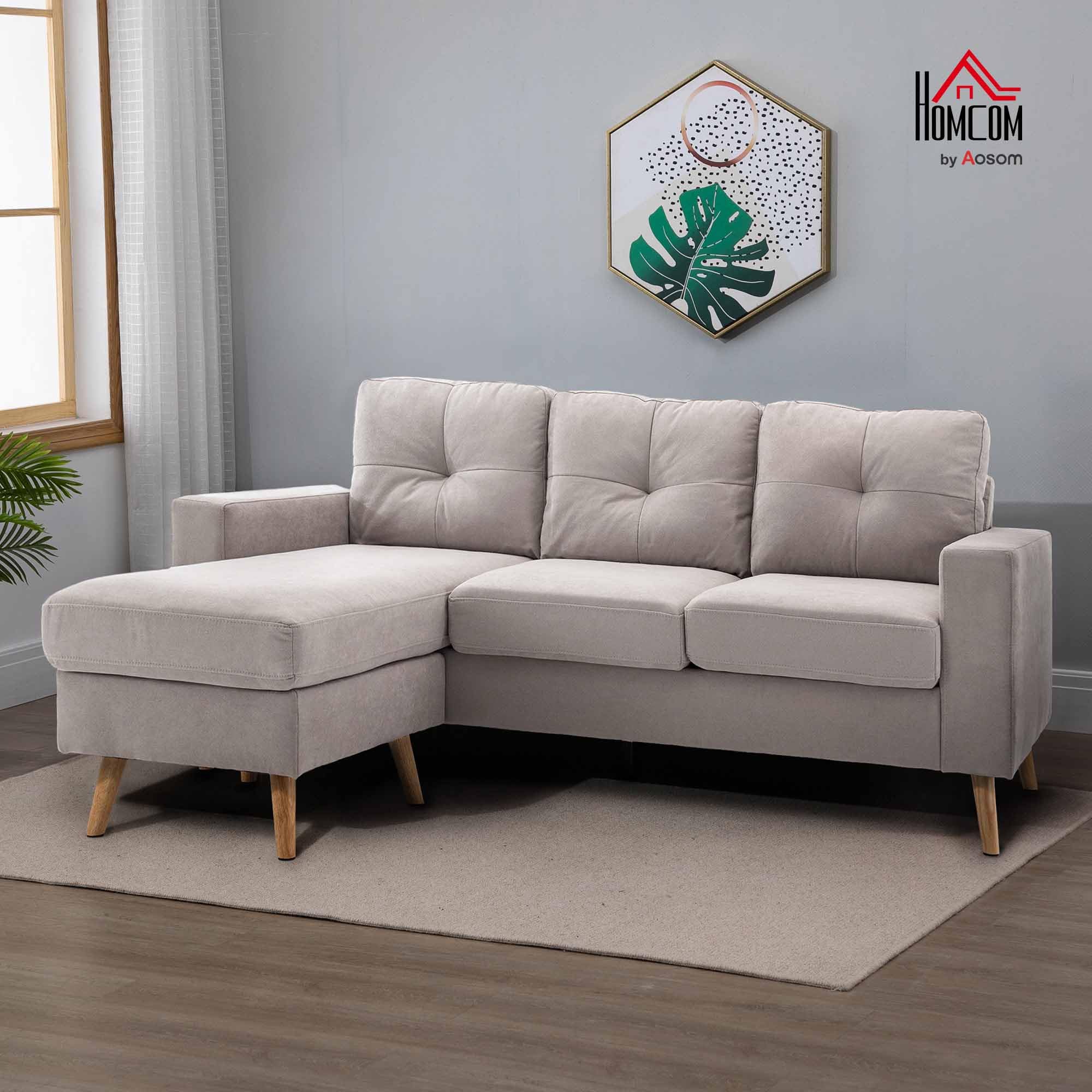 HOMCOM Canapé d'angle en Tissu de Lin, canapé 3 Places, Chaise Longue Reversible Gauche ou Droite, 193 cm, Design scandinave, pour Salon, Appartement, Petit Espace, Pieds en Bois Massif, Gris Clair