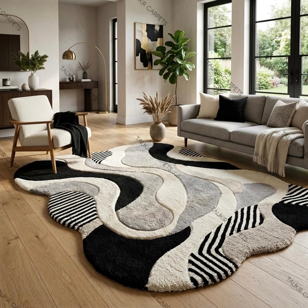 Carpet for Home Handmade Microfiber Area Rug | Super Soft Irregular Shape Rug, 6 × 9 Feet (182.88 × 274.32 cm) Black Grey Ivory-image-29