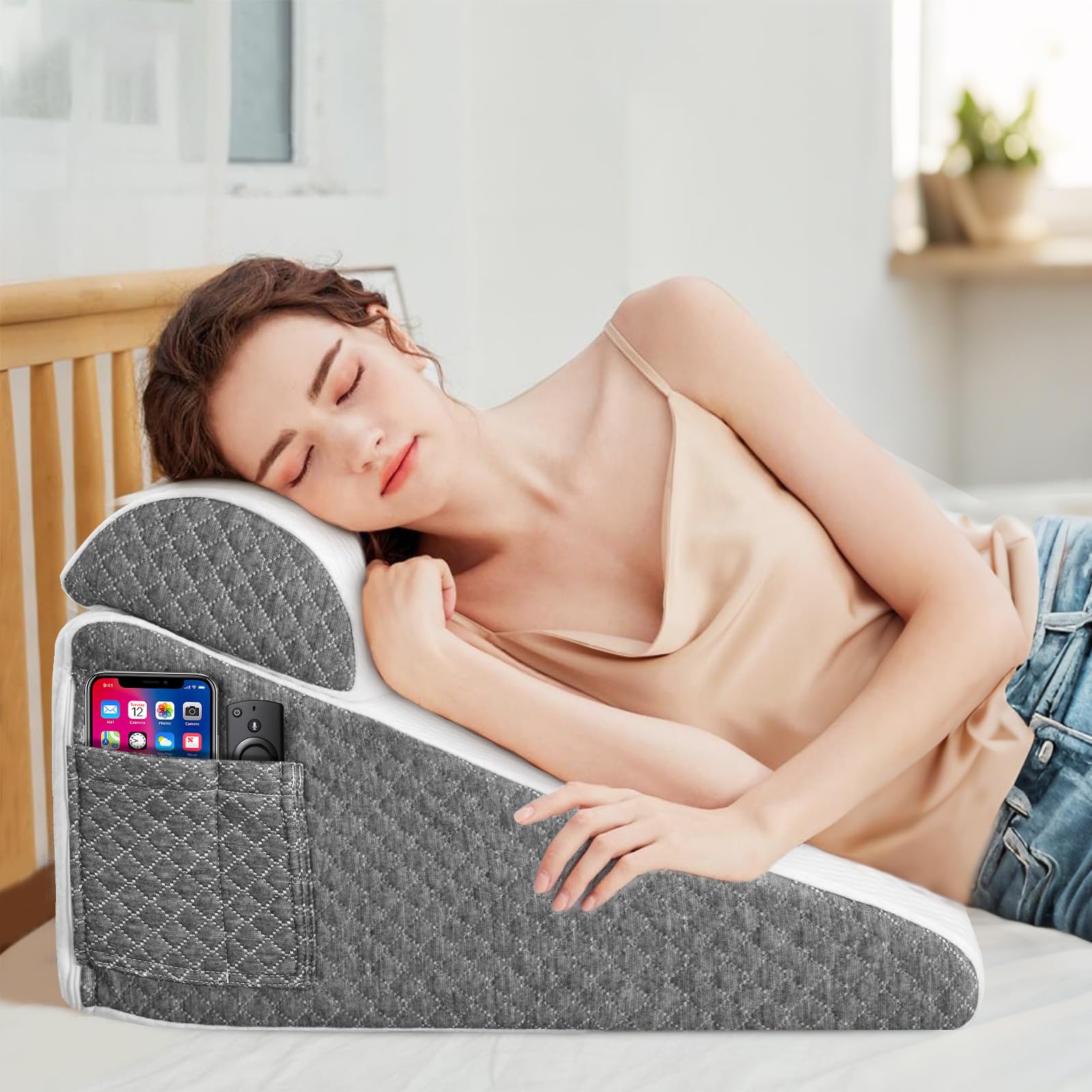 Cuscino a Cuneo per Letto, Cuscino Antireflusso Adulti con Supporto per la Schiena, Ergonomico Cuscino Triangolare per il Supporto di Schiena, Gambe e Ginocchia, Reflusso Acido
