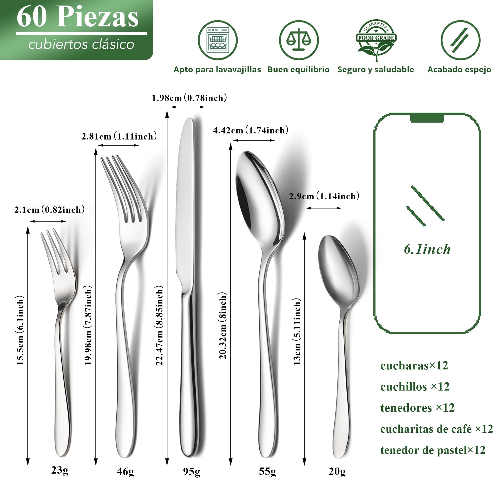 Cuberterias completas 12 personas, EIUBUIE 60 piezas juego de cubiertos | cuberteria clásica, cubiertos acero inoxidable, pulido espejo, apto para lavavajillas, cuchillo cuchara tenedor, Haus/party