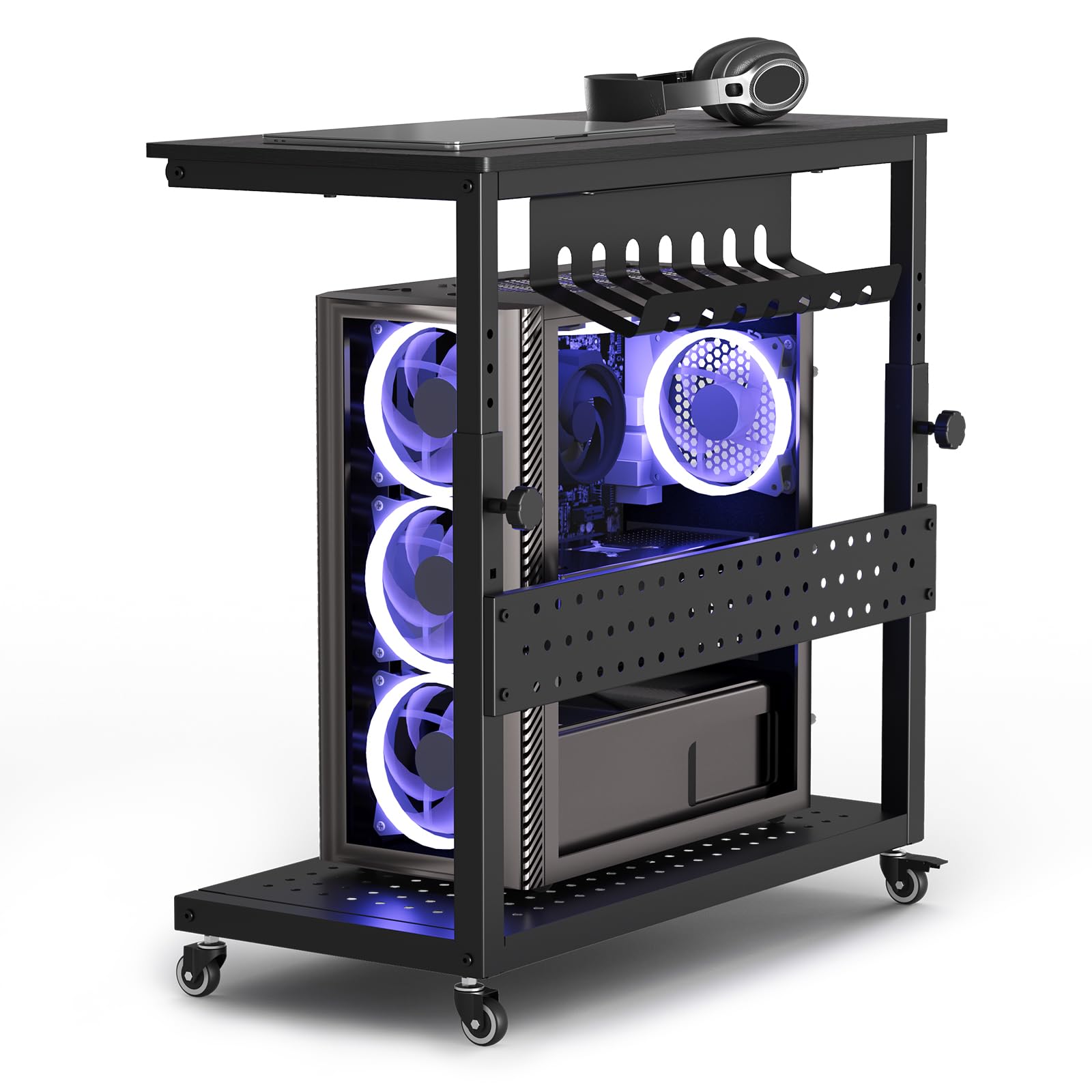 Computer Tower Stand, 11 Level Height Adjustable PC Stand with Line Storage Rack, Mobile Rolling CPU Holder Cart for Gaming Office Home (Black)