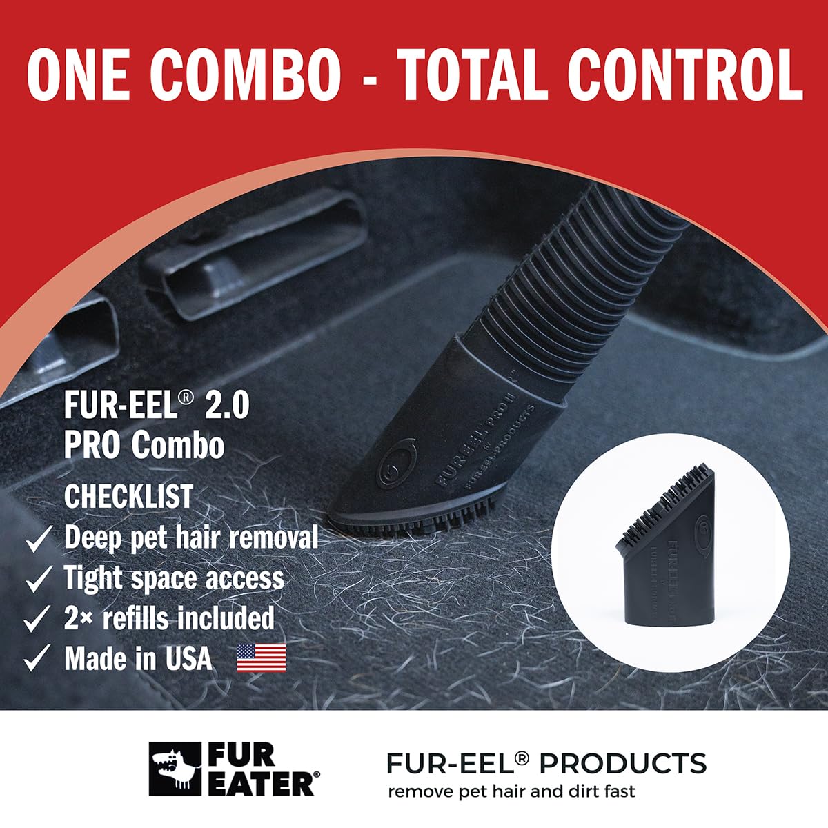 FUR-EEL 2.0 Pro Combo - Aspiratore per rimozione peli di animali domestici, con 2 testine sostituibili in gomma, nessun flusso d'aria intasato, adatto per tubi da 32 mm e 35 mm