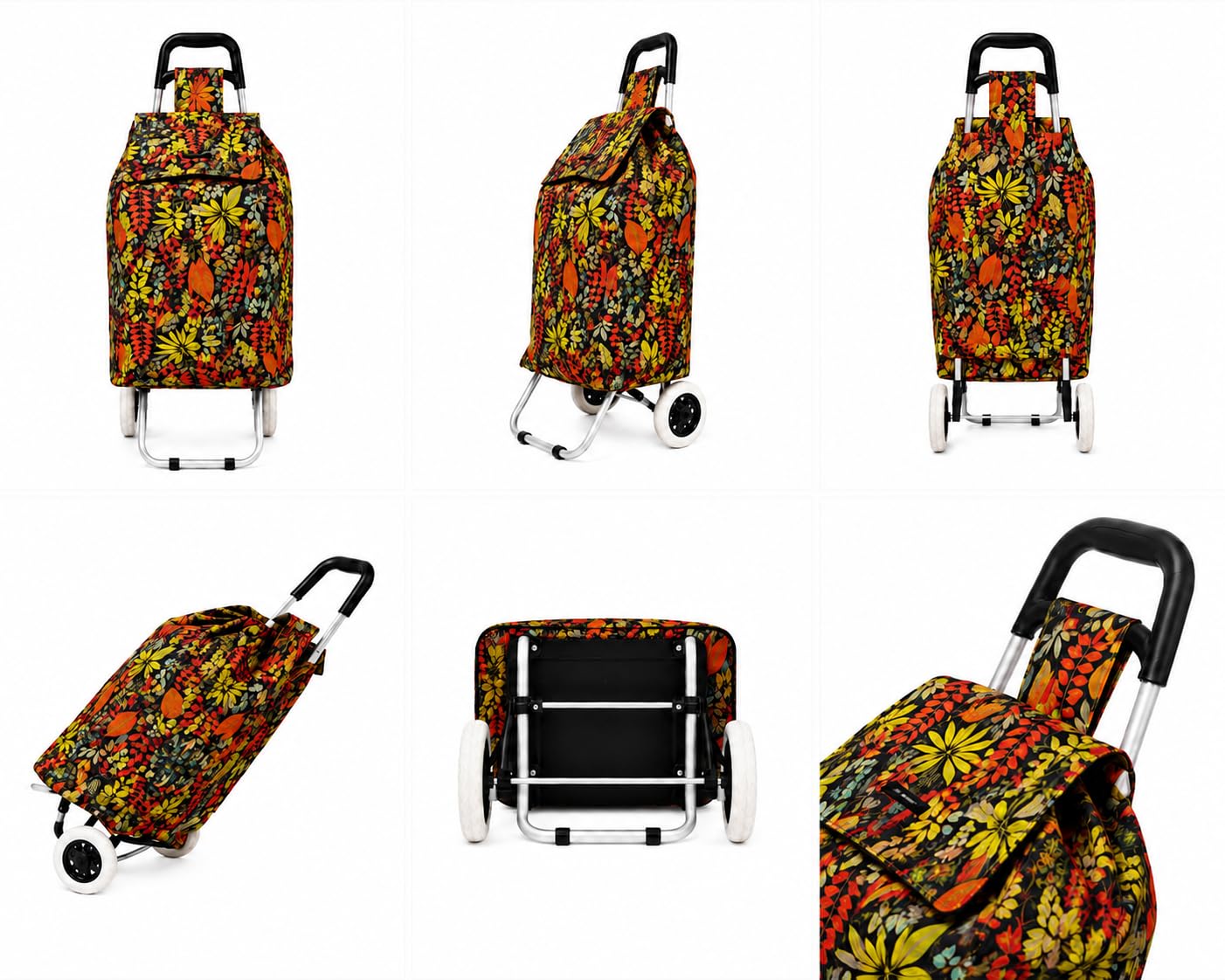 Two Wheeler Shopping Trolley on Wheels, 57L Foldable Large Capacity 2 Wheel Grocery Granny Cart with Secure Lid Shopping Bags for the Elderly, Laundry, 30kg Limit (Leaf Black/Red)